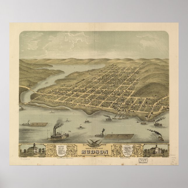 Pôster Mapa Panorâmico Antiquado do Hudson WI 1870 (Frente)