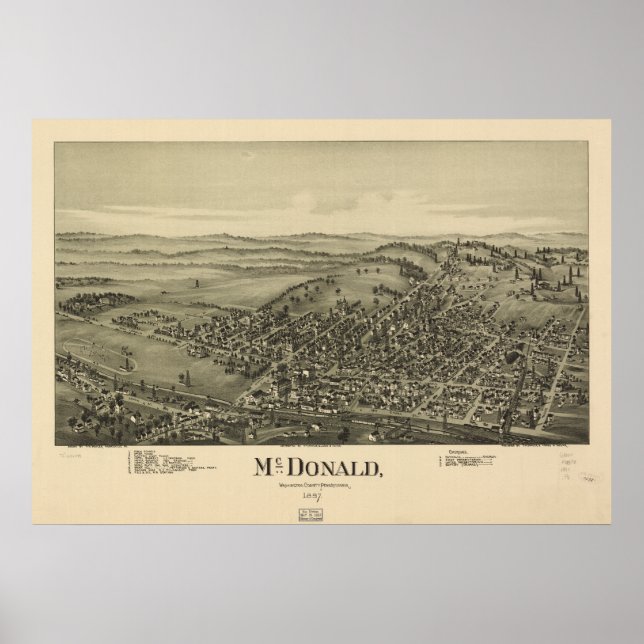 Pôster Mapa Panorâmico Antiquado do McDonald Pensilvânia  (Frente)