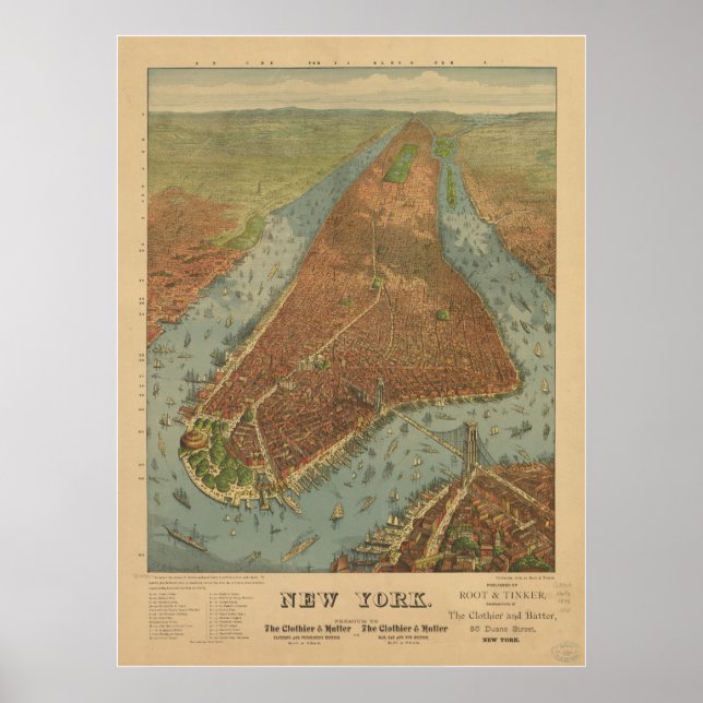 Poster Mapa Panorâmico Antiquado do Nova Iorque 1879 (Frente)
