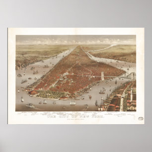 Pôster Mapa Panorâmico Antiquado do Nova Iorque 1884
