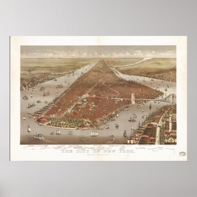 Pôster Mapa Panorâmico Antiquado do Nova Iorque 1884 (Frente)