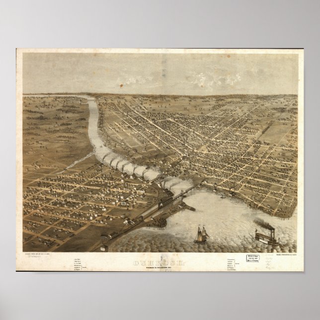 Pôster Mapa Panorâmico Antiquado do Oshkosh WI 1867 (Frente)