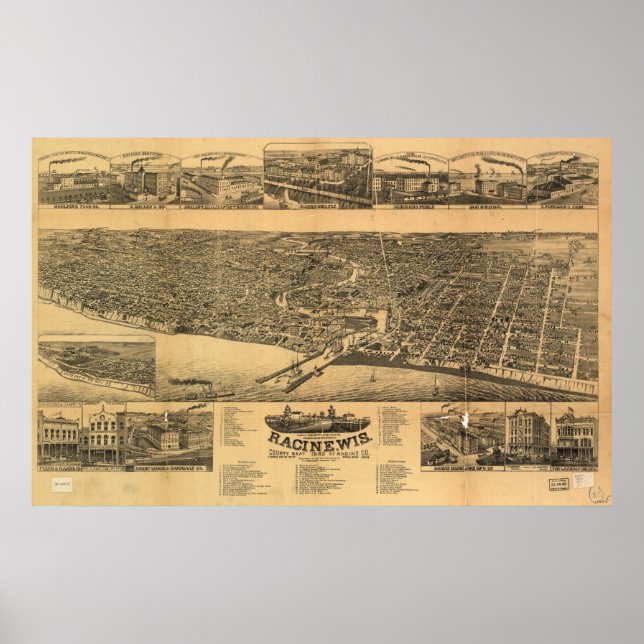 Poster Mapa Panorâmico Antiquado do Racine WI 1883 (Frente)