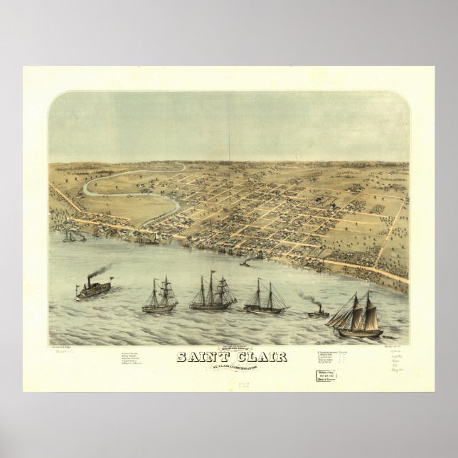 Poster Mapa Panorâmico Antiquado do santo Clair Michigan  (Frente)
