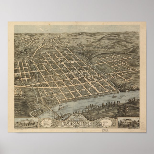 Pôster Mapa Panorâmico Antiquado do Tennessee 1871 (Frente)