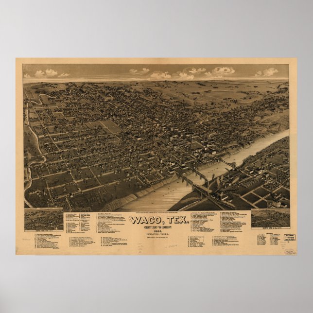 Poster Mapa Panorâmico Antiquado do Waco Texas 1886 (Frente)