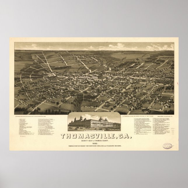 Poster Mapa Panorâmico Antiquado Thomasville Georgia 1885 (Frente)