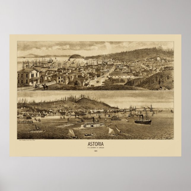Pôster Mapa Panorâmico Astoria Oregon 1883 (Frente)