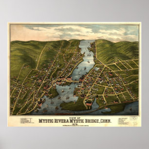 Pôster Mapa Panorâmico CT 1879 Mystic River & Bridge