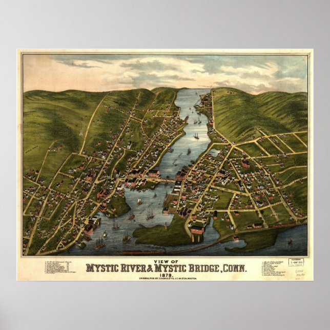 Pôster Mapa Panorâmico CT 1879 Mystic River & Bridge (Frente)