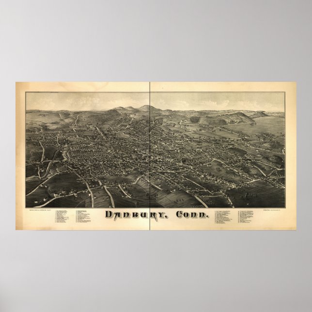 Pôster Mapa Panorâmico Danbury Connecticut 1884 (Frente)