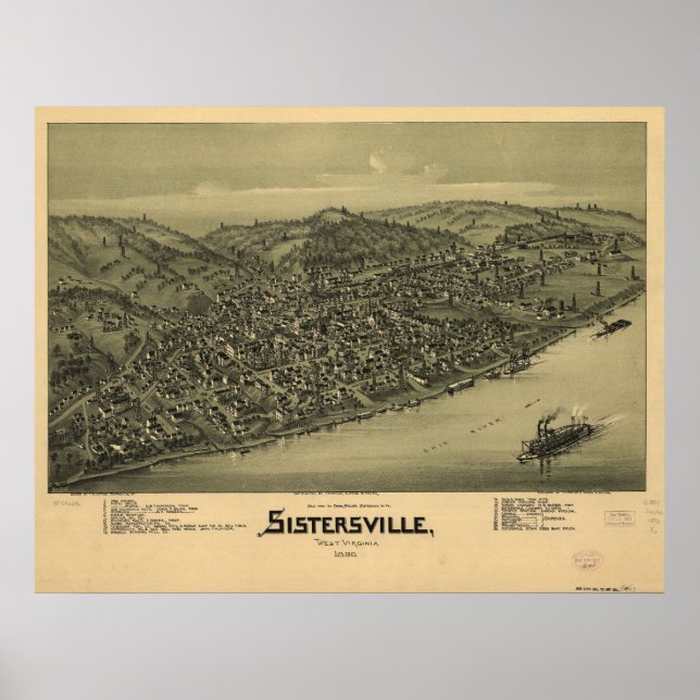 Pôster Mapa Panorâmico de 1896 Sistersville WV Bird (Frente)