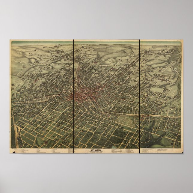 Poster Mapa Panorâmico de Atlanta Georgia 1892 (Frente)