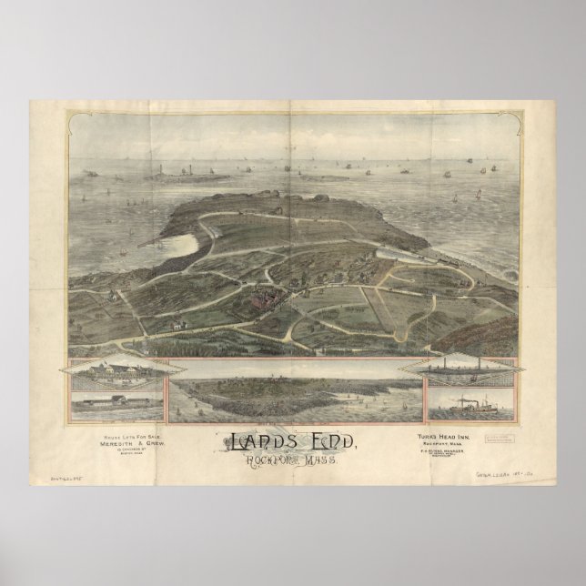 Poster Mapa Panorâmico de Birdseye MÃE Rockport End 1880s (Frente)