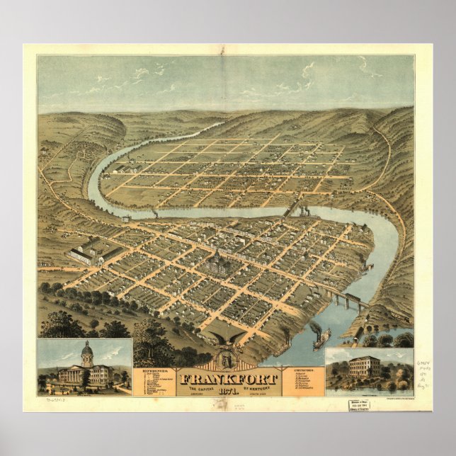 Pôster Mapa Panorâmico de Frankfort Kentucky 1871 (Frente)