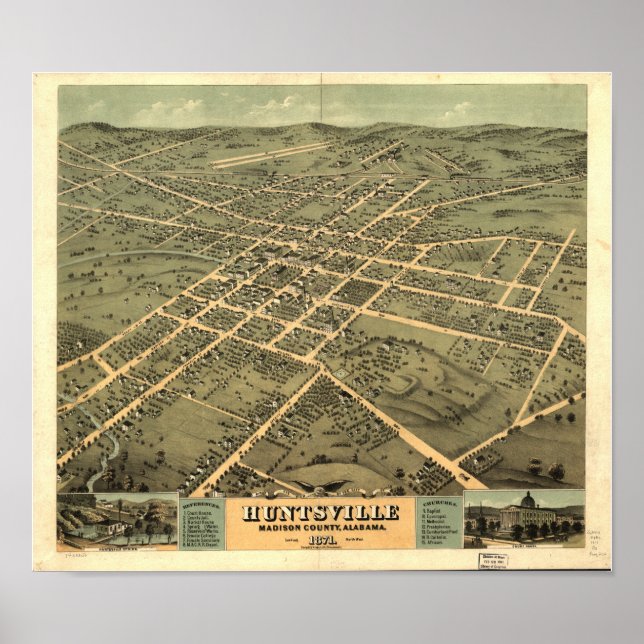 Pôster Mapa Panorâmico de Huntsville Alabama 1871 (Frente)