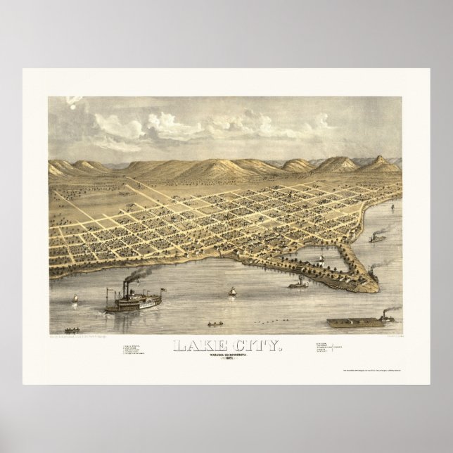 Pôster Mapa Panorâmico de Lake City, MN - 1867 (Frente)