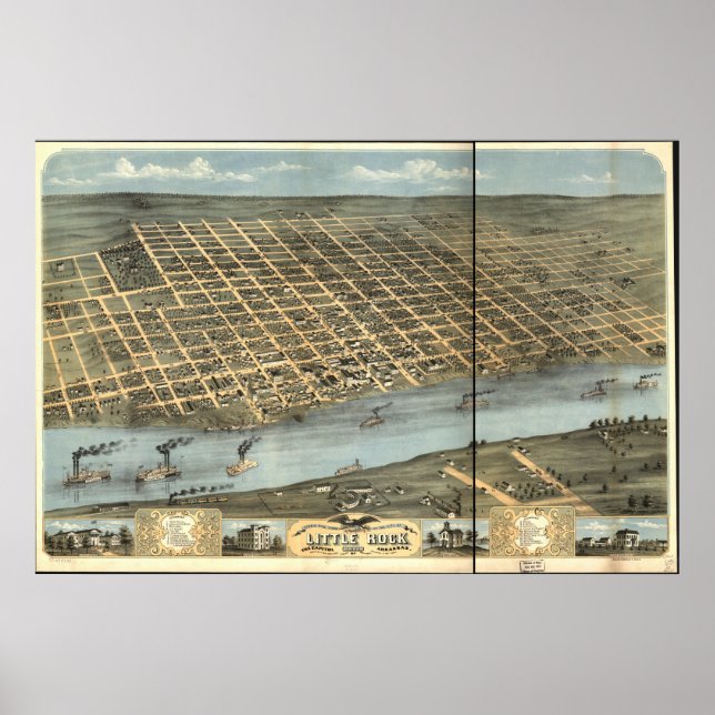 Poster Mapa Panorâmico de Little Rock Arkansas 1871 (Frente)