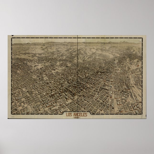 Poster Mapa Panorâmico de Los Angeles California 1909 (Frente)
