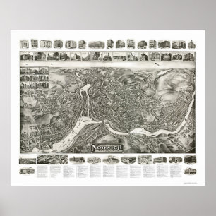 Pôster Mapa panorâmico de Norwich CT - 1912