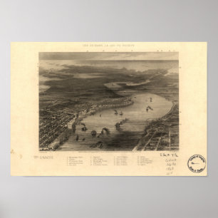 Poster Mapa Panorâmico de Nova Orleans Louisiana 1863