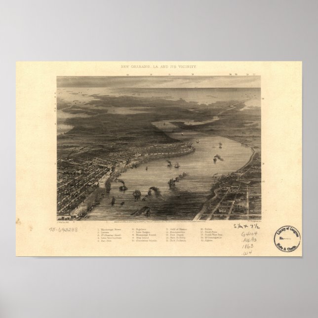 Poster Mapa Panorâmico de Nova Orleans Louisiana 1863 (Frente)