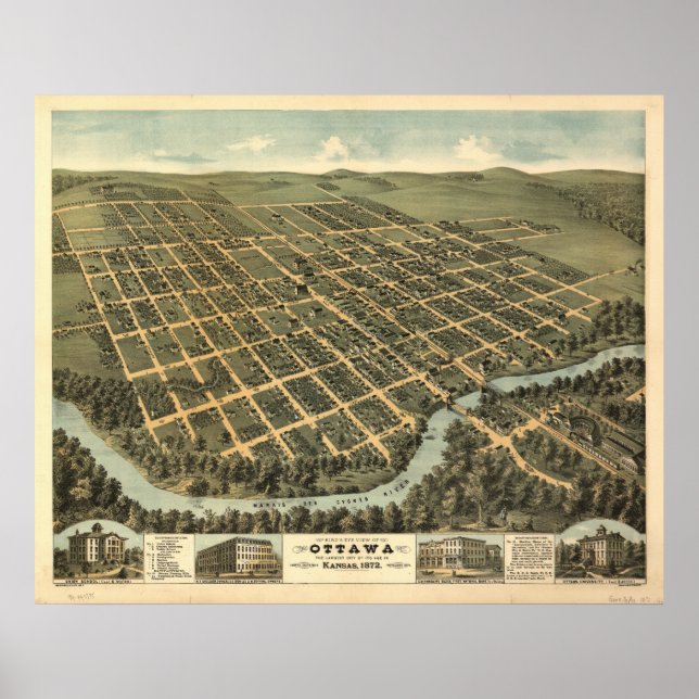 Pôster Mapa Panorâmico de Ottawa Kansas 1872 (Frente)