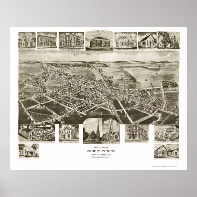 Pôster Mapa Panorâmico de Oxford, PA - 1907 (Frente)