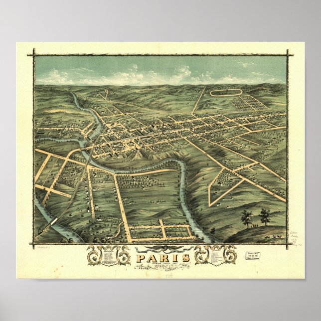 Pôster Mapa Panorâmico de Paris Kentucky 1870 (Frente)