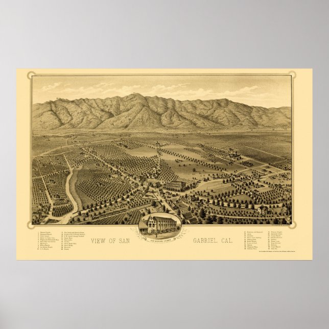 Pôster Mapa Panorâmico de San Gabriel, CA - 1893 (Frente)