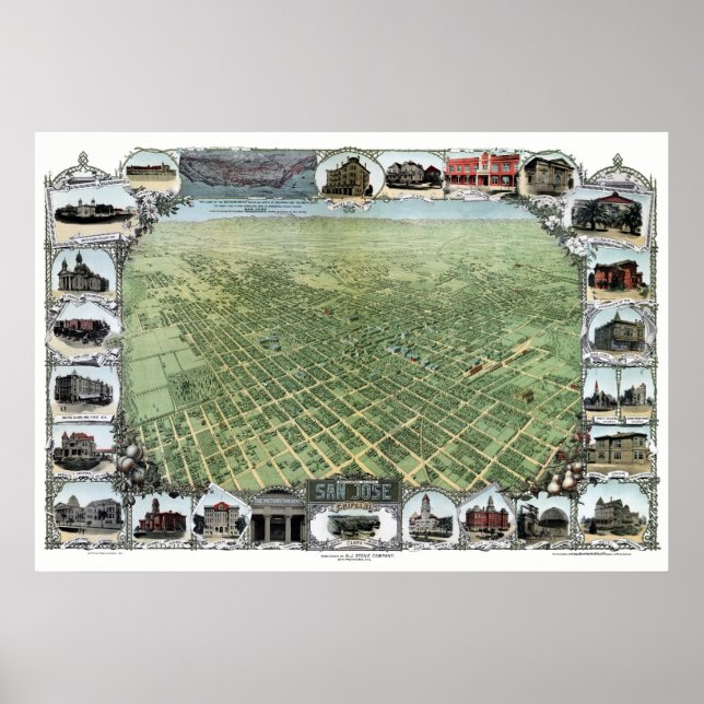 Poster Mapa Panorâmico de San Jose, CA - 1901 (Frente)