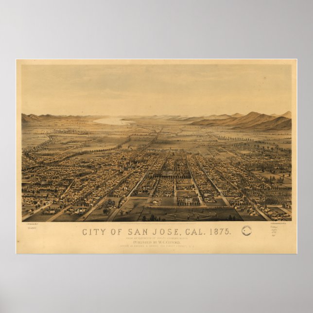 Pôster Mapa Panorâmico de San Jose California 1875 (Frente)