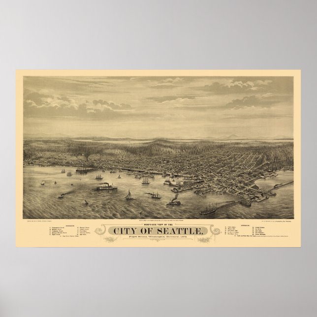 Pôster Mapa Panorâmico de Seattle, WA - 1878 (Frente)
