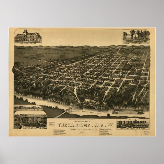 Pôster Mapa Panorâmico de Tuscaloosa Alabama 1887 (Frente)