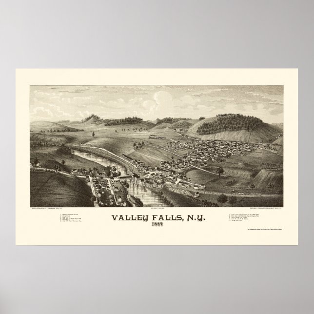 Poster Mapa Panorâmico de Valley Falls, NY - 1887 (Frente)