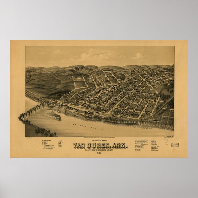 Poster Mapa Panorâmico de Van Buren Arkansas 1888 (Frente)
