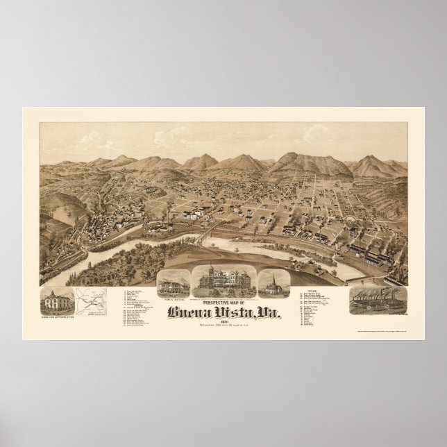 Poster Mapa Panorâmico do Buena Vista, VA - 1891 (Frente)