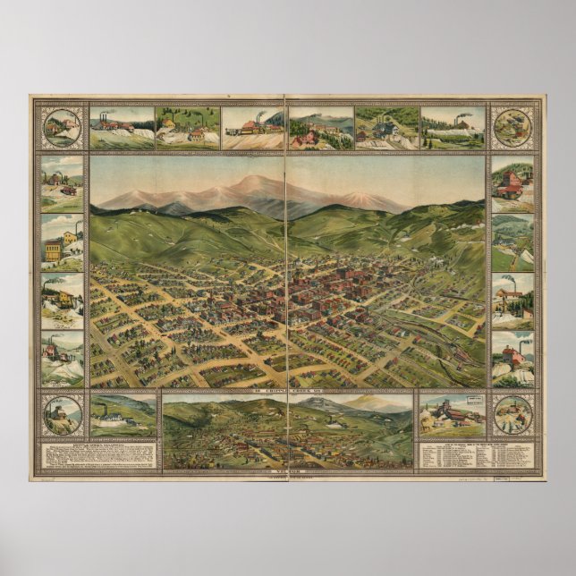 Pôster Mapa Panorâmico do Cripple Creek Colorado 1896 (Frente)