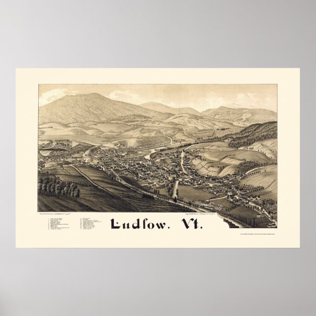 Poster Mapa Panorâmico do Ludlow, VT - 1885 (Frente)