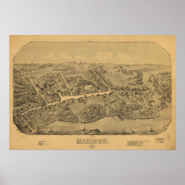 Pôster Mapa Panorâmico do Madison Connecticut 1881 (Frente)