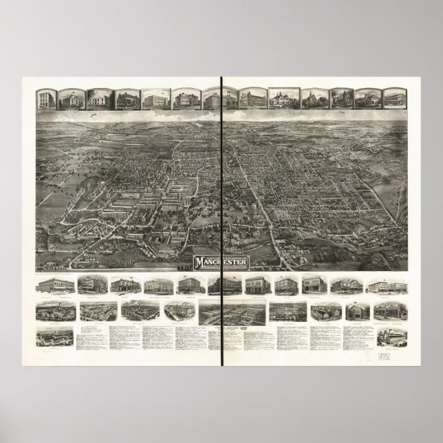 Pôster Mapa Panorâmico do Manchester Connecticut 1914 (Frente)