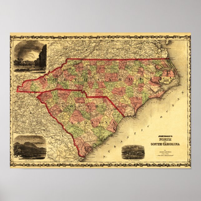 Pôster Mapa Panorâmico do Norte e da Carolina do Sul (Frente)
