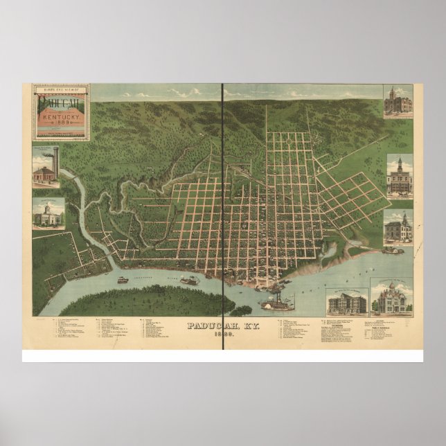 Pôster Mapa Panorâmico do Paducah Kentucky 1889 (Frente)