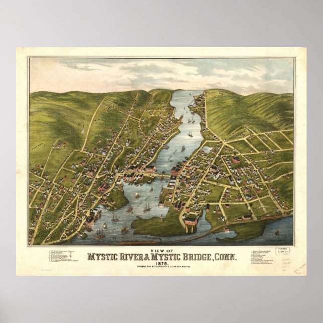 Pôster Mapa Panorâmico do Rio Mystic Connecticut 1879 (Frente)