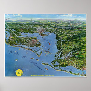 Pôster Mapa panorâmico do vintage da costa oeste de