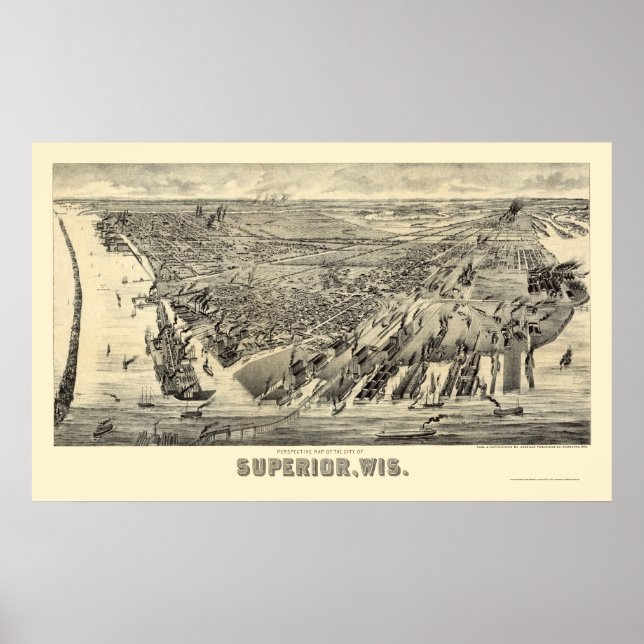Poster Mapa Panorâmico do WI Superior - 1890 (Frente)