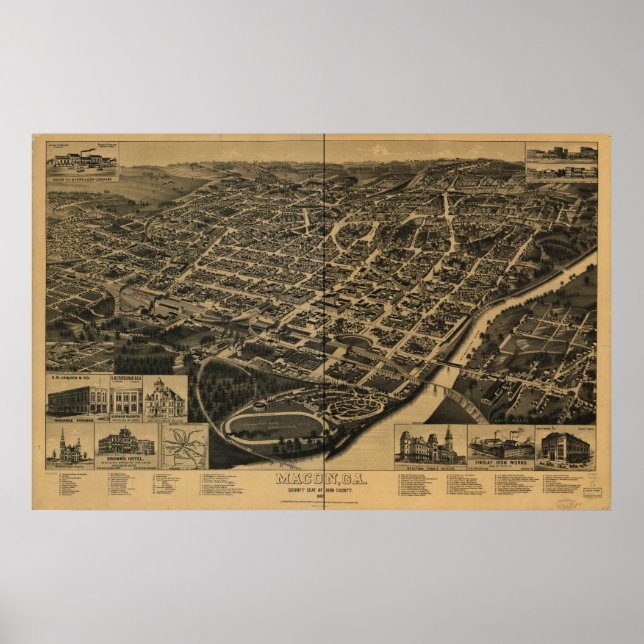 Pôster Mapa Panorâmico Macon Georgia 1887 (Frente)