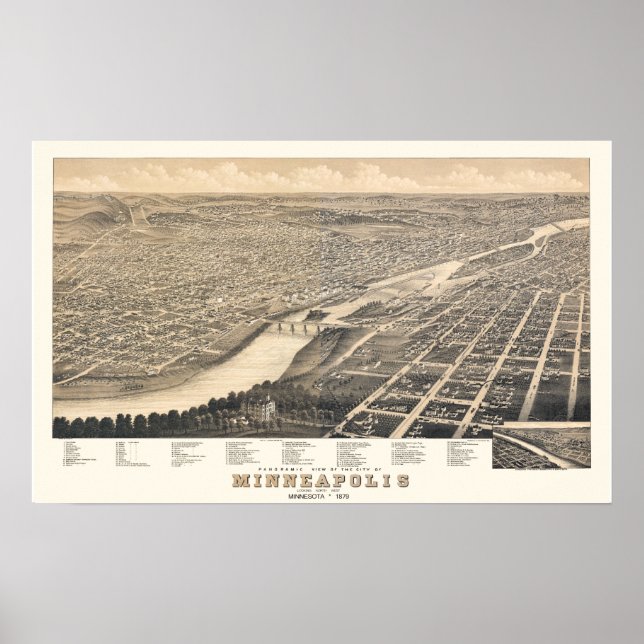 Pôster Mapa Panorâmico Minneapolis MN DIGITALMENTE REMANE (Frente)