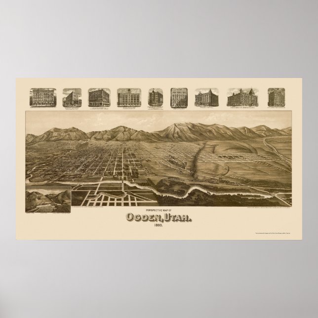 Poster Mapa Panorâmico Ogden, UT - 1890 (Frente)