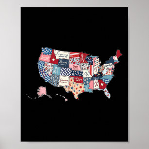 Poster Mapa Patriótico dos Estados Unidos Bandeira Americ